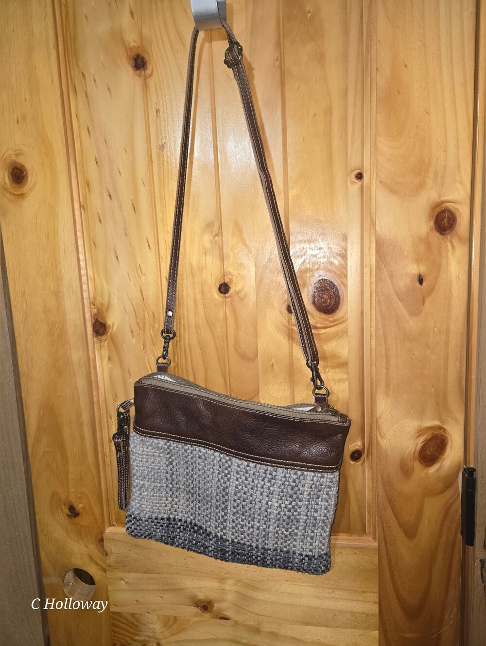 Myra Bag Crossbody Shoulder Bag Woven Gray White Brown Leather Wrist Strap
